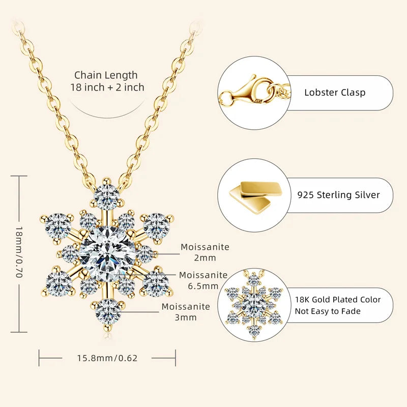 Lnngy Bling 6.5mm&3mm&2mm Moissanite Necklace 925 Sterling Silver Snowflake Pendant Necklaces for Women Christmas Jewelry Gift