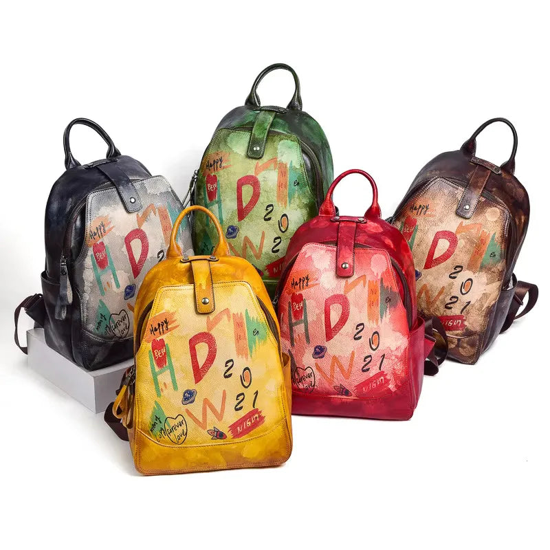 MOTAORA 2025 New Retro Genuine Leather Backpack For Women Hand-painted Graffiti Design Cowhide Travel Bag For Everyday Use