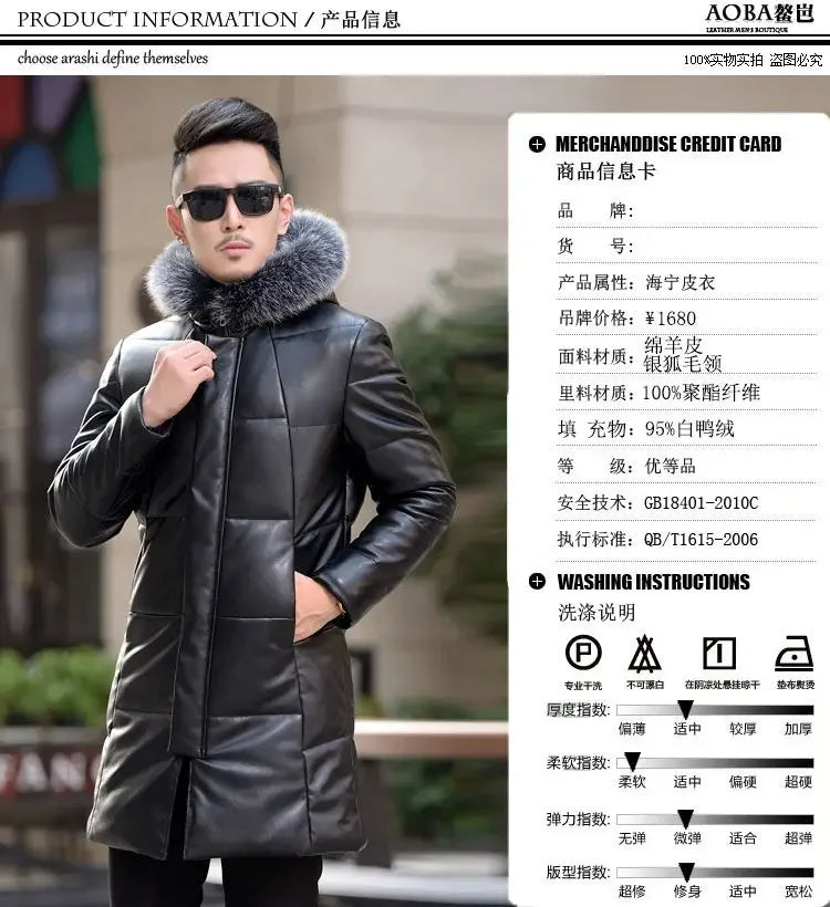 Down Jacket Genuine Leather Jacket Men's Mid Length Slim Fit Hooded Sheepskin Coat Man Puffer Jacket Winter Thicken Windbreaker