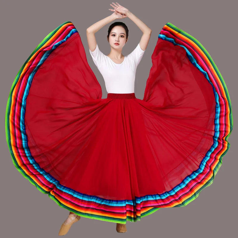 Streetwear Elegant Dance Performance Skirt Women Chiffon Skirts Rainbow-edge Elastic-Waist 720-Degrees Square Danc Maxi Skirts