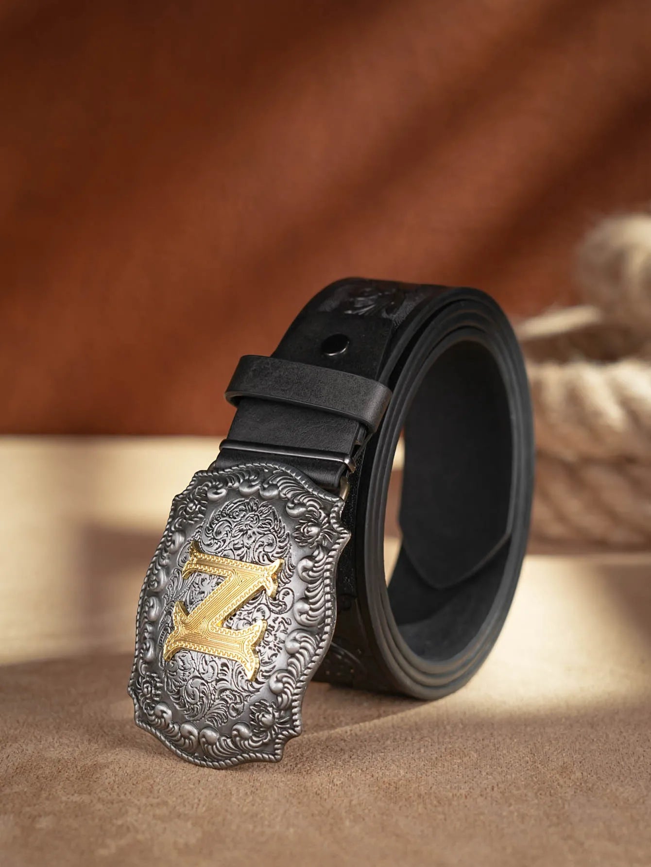Western Cowboy PU Leather Belt - Men Waist Strap Bull Decoration Floral Engraved for Jeans