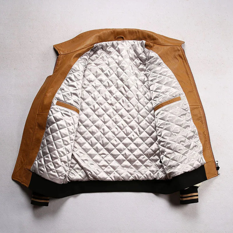 Men large size leather jacket flight suit jacket printed big chief embroidery casual sports yellow cowhide leather jackets tops
