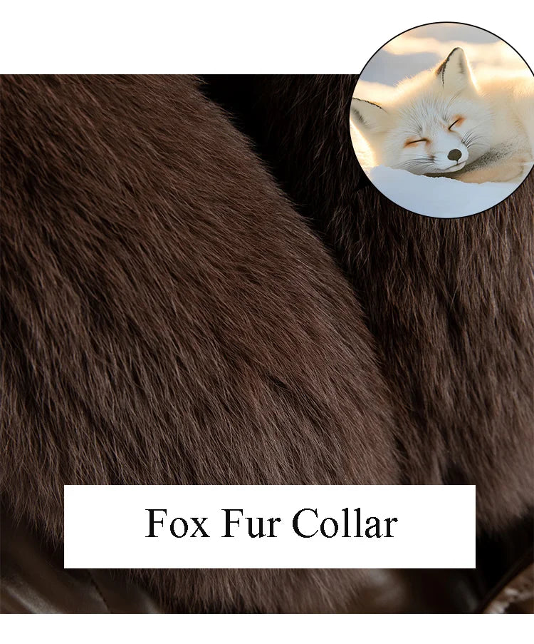 New Women Winter Leather Down Coat Fashion Real Fox Fur Collar Slim Waist Long Leather Coat Casual Thick Warm Overcoat