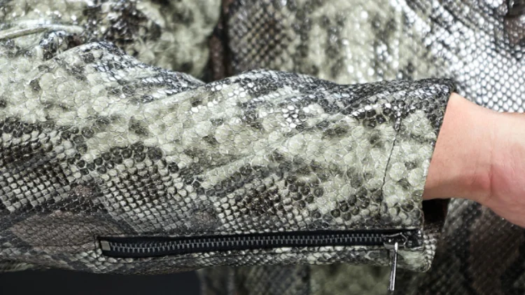 Men’s Python Pattern Sheepskin Leather Jacket – Slim Fit Stand Collar Moto Biker Coat