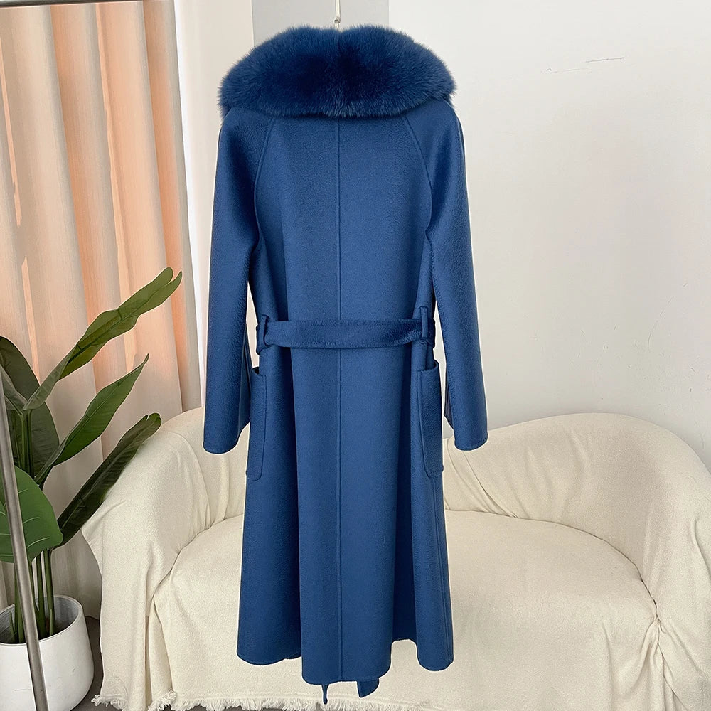 GENHUA 2025 New Casual Fur Coat for Ladies Winter Wool Long Fur Ladies Natural Real Fox Fur Collar Jacket for Ladies Warm Coat