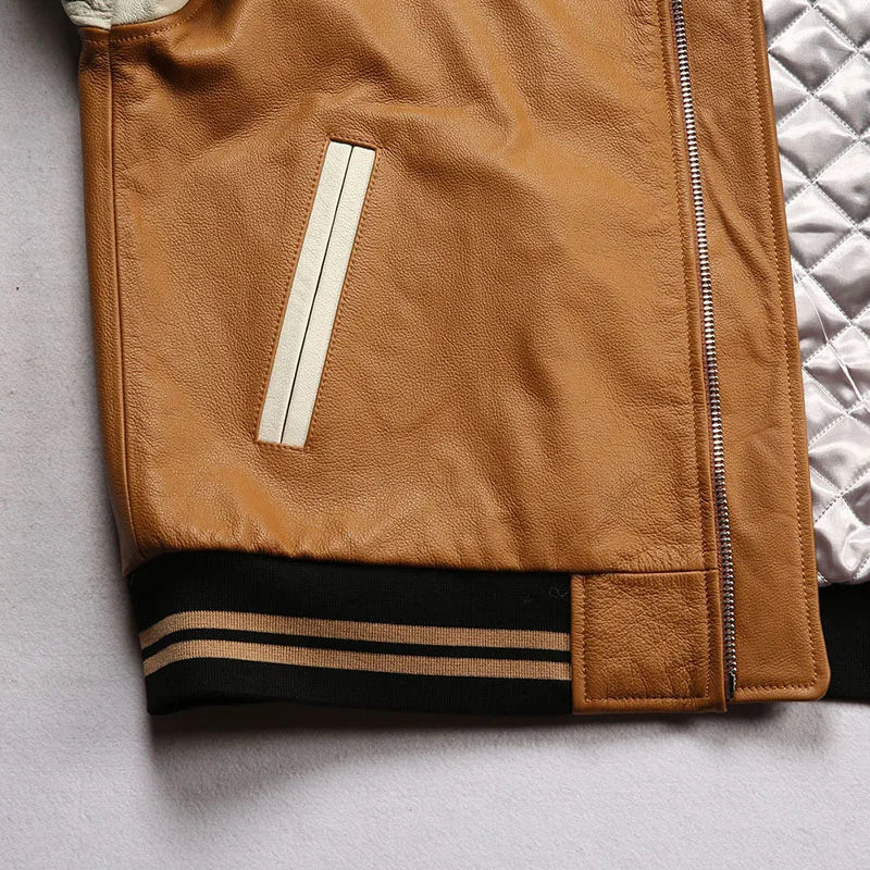 Men large size leather jacket flight suit jacket printed big chief embroidery casual sports yellow cowhide leather jackets tops