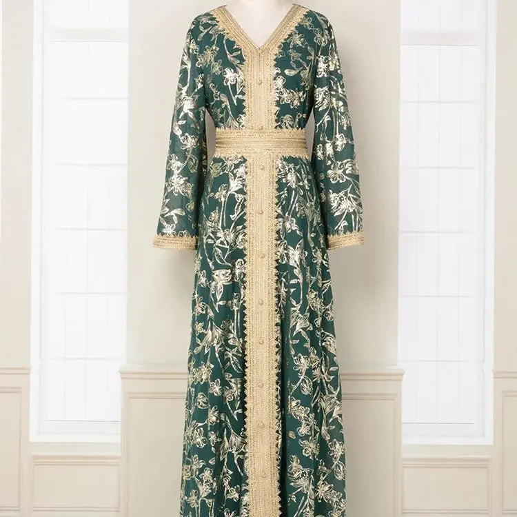KAF Dubai Luxury Evening Party Dress 2025 Spring Fall New V-neck Long Sleeve Retro Printing Design Loose Large Size Female Abaya