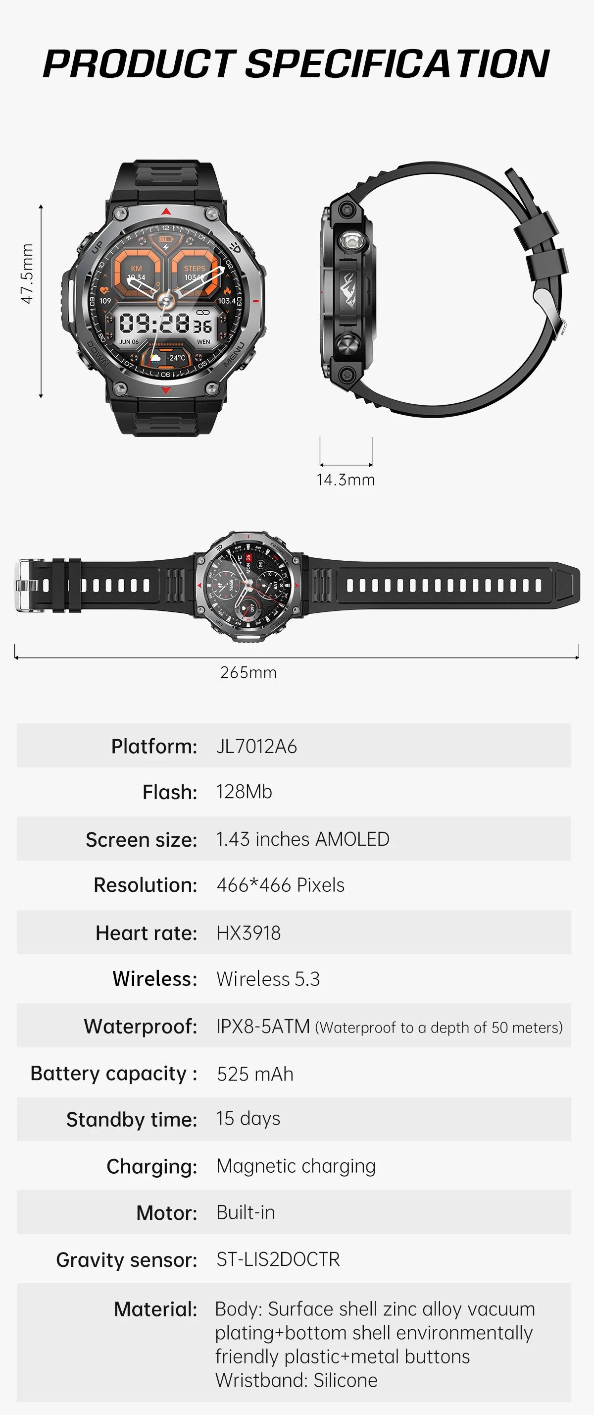LIGE New 1.43 inch AMOLED Screen Smart Watch 525mAh Big Battery BT Call IPX8-5ATM Waterproof Sports Smartwatch For Android ios