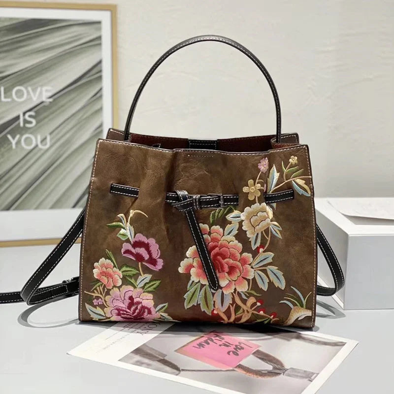 MOTAORA Vintage Chinese Embroidery Leather Shoulder Bag Women Large Capacity Crossbody Bucket Bag Ladies Fashion Handbag NEW