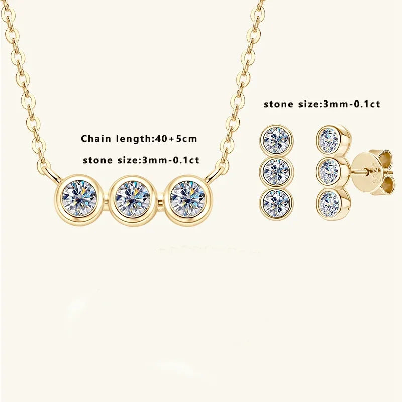 Lnngy 925 Sterling Silver Three Stone Stud Earrings Bracelets 3mm 0.1ct Moissanite Necklace Bracelet For Women Jewelry Set
