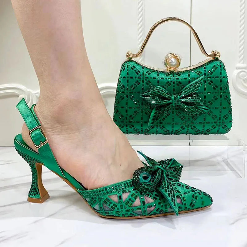 Pointed Toe Pumps & Bag Set – Italian Design, Full Diamond Bling, High Heel Party Shoes