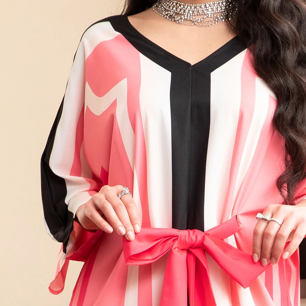 Rafiah Summer Arabian Dress 2025 Decent Chic Patchwork Stripes Sashes Long Sleeve V-Neck Midi Long Dresses For Women