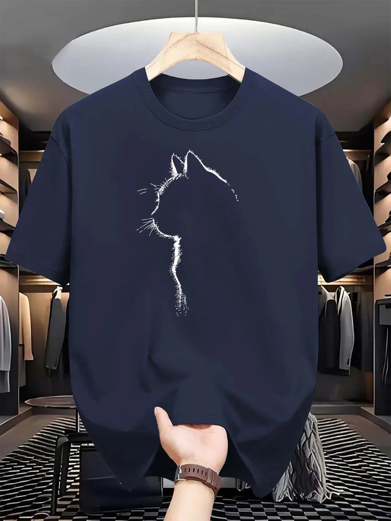 Summer men's 100% pure cotton casual sports loose cat pattern printed comfortable round neck short sleeved T-shirt top