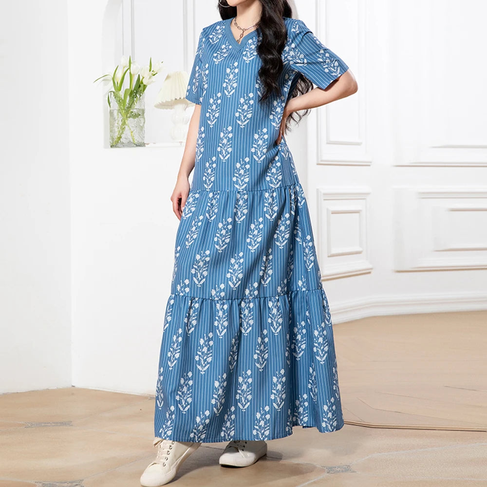 Rafiah Summer Dress 2025 Full Print Stripes Women's Casual Short Sleeve V-Neck A-Line Maxi Dating Arabian Dress