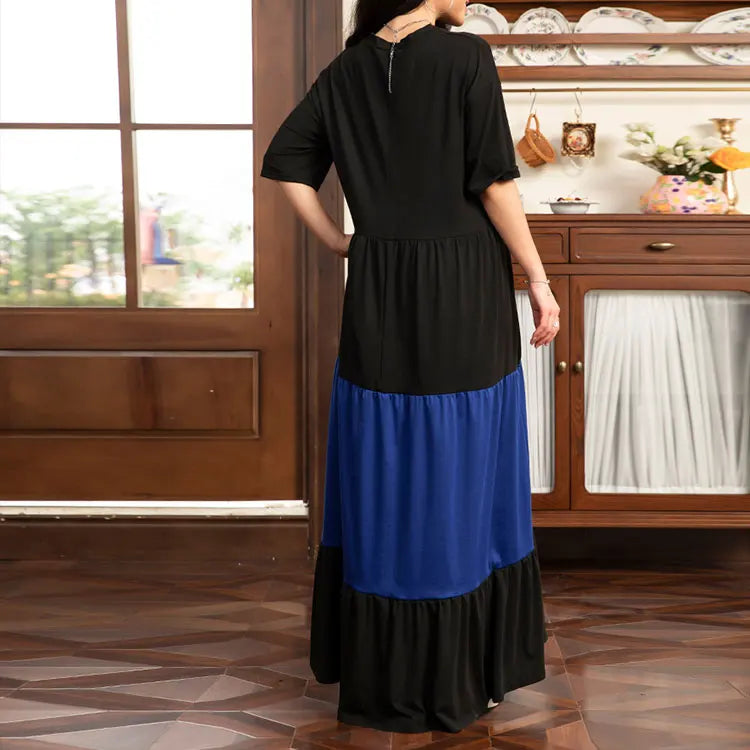 Rafiah Women's Arabian Dress Summer Graphic Printing Chic Casual Contrast Color Short Sleeve Crew Neck Maxi A-Line Long Dress