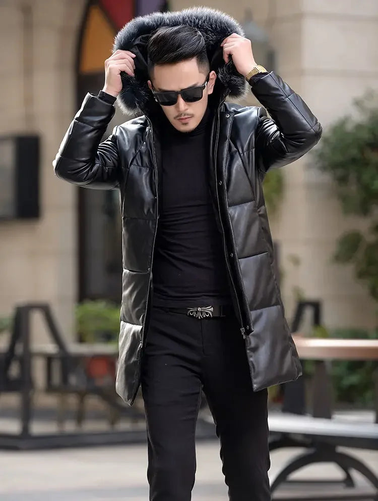 Down Jacket Genuine Leather Jacket Men's Mid Length Slim Fit Hooded Sheepskin Coat Man Puffer Jacket Winter Thicken Windbreaker