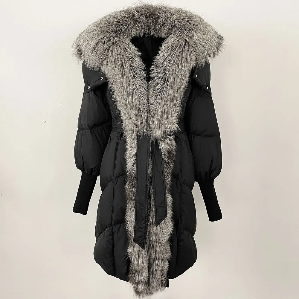2025 Autumn Winter Women Coat Real Natural Fox Fur Long Down Jacket Thick Warm Casual Hooded White Duck Down Elegant Overwears