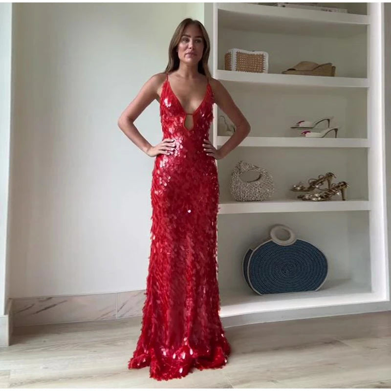 Glitter Sequins Spaghetti Strap Evening Gown – Women’s Sleeveless Backless Floor-Length Party Dress