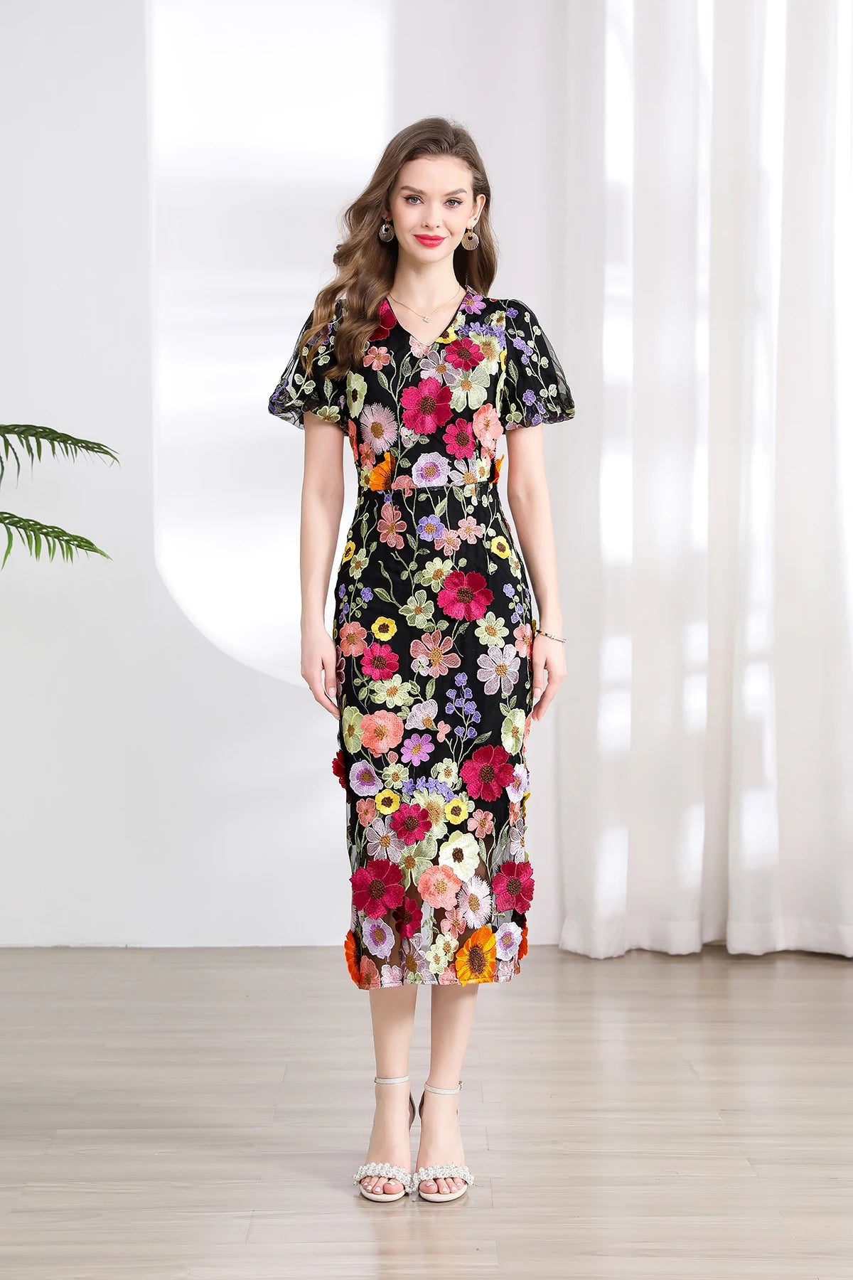 Summer High-end Embroidery Lace Prom Dress Women French Luxury 3D Flower Short Sleeve Long Dress Party Bodycon Holiday Vestido