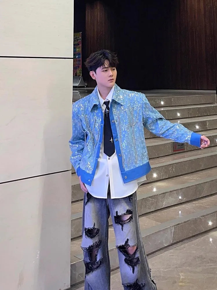 Mens Blue Denim Jacket Fashion Sequined Chain Turn-Down Collar Spring Autumn Short Coat Single Breasted Casual Outerwear Male