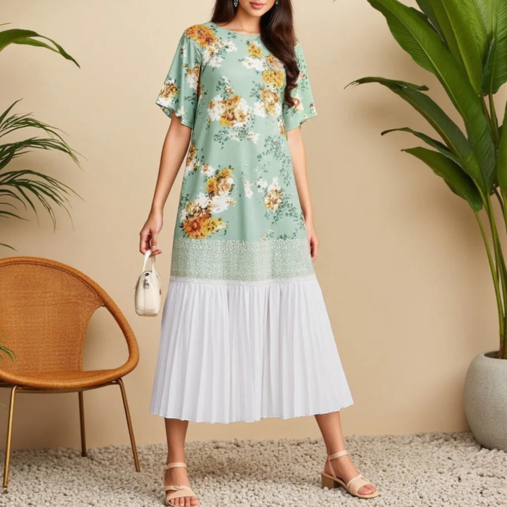 Rafiah Women's Summer 2025 Arabian Dress Contrast Color Short Sleeve Round Neck Floral Print Tiered Ruffle Long Dress