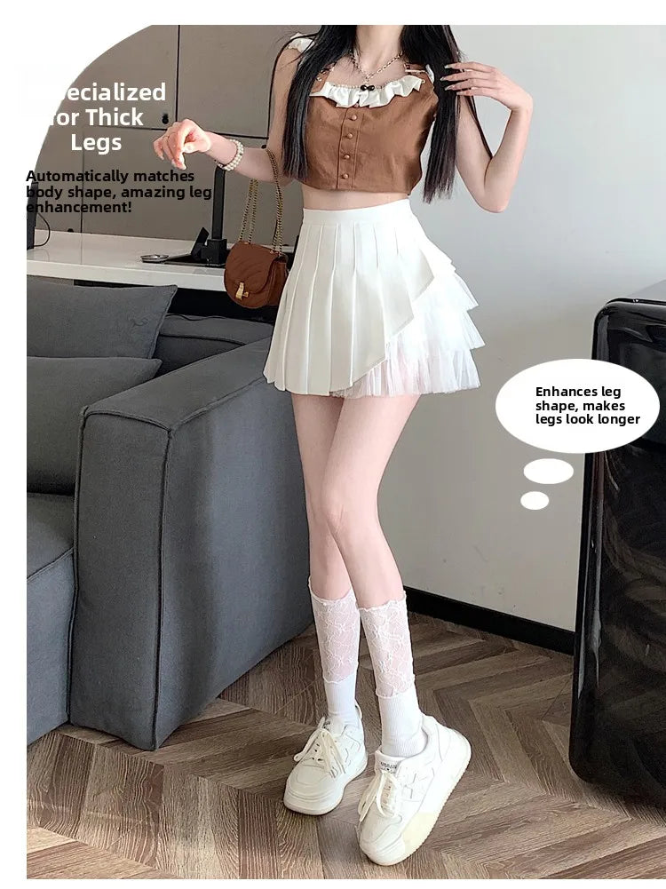 Slimming A-Line Skirt for ort Women High Waist Pleated Commuter Sle Net Gauze f Body Skirts Fem Faion