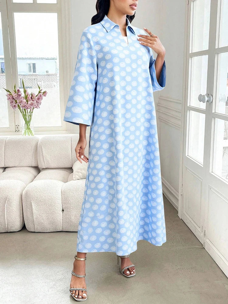 Rafiah Women's Arabian Dress Even Dress 2025 Summer Comfortable Full Print Long Sleeve V-Neck Loose Fit Long Dress