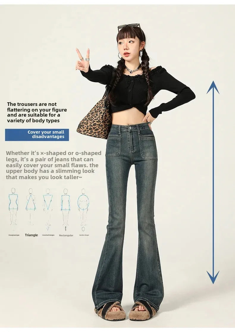 American Style Vintage Jeans Women's Slim Fit High Street Bootcut Pants 2024 Autumn Winter Slimming Petite Bootcut Trousers