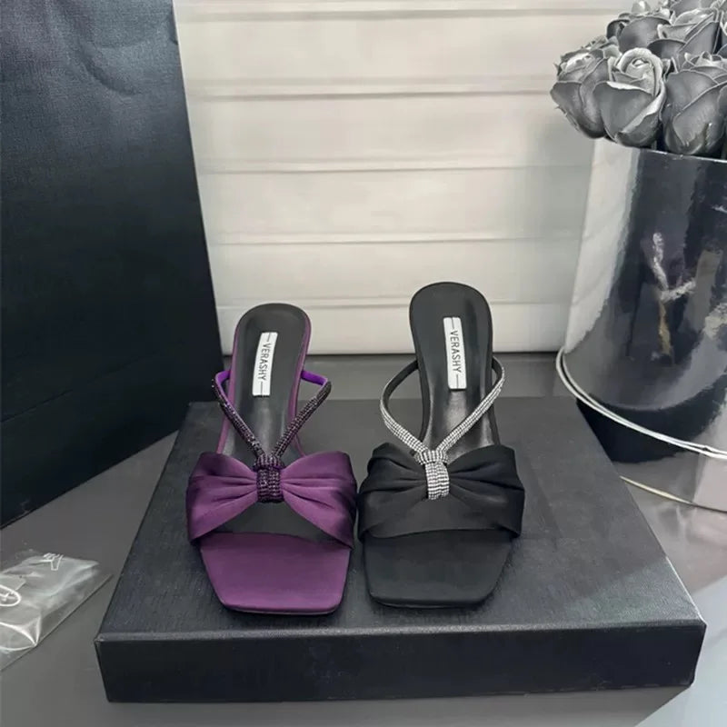 Leopard Satin Rhinestone One-Strap Sandals Women 2025 Summer New Bow Open-Toe Thin High-Heeled Slippers Casual Fashion pump