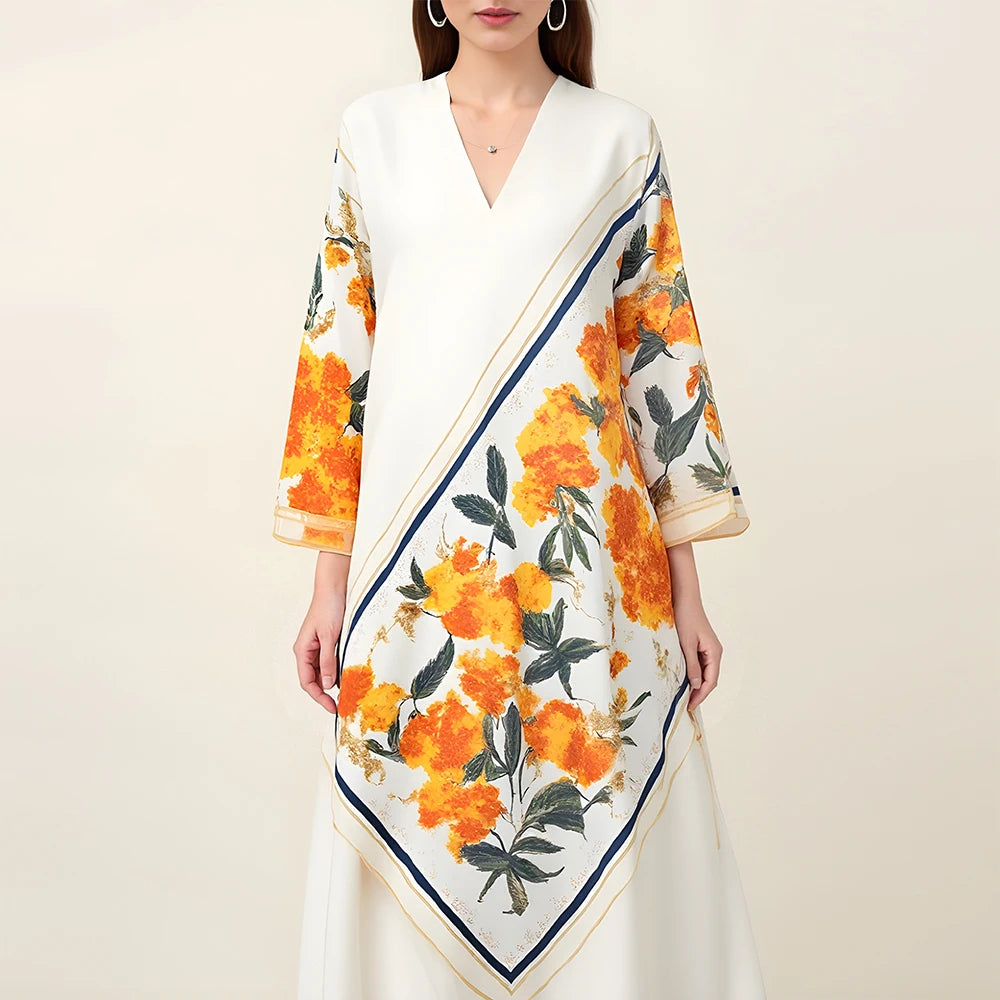 Rafiah Women's Summer Dress Decent Elegant Patchwork Graphic Printing Long Sleeve V-Neck Midi A-line Daily Arabian Dress