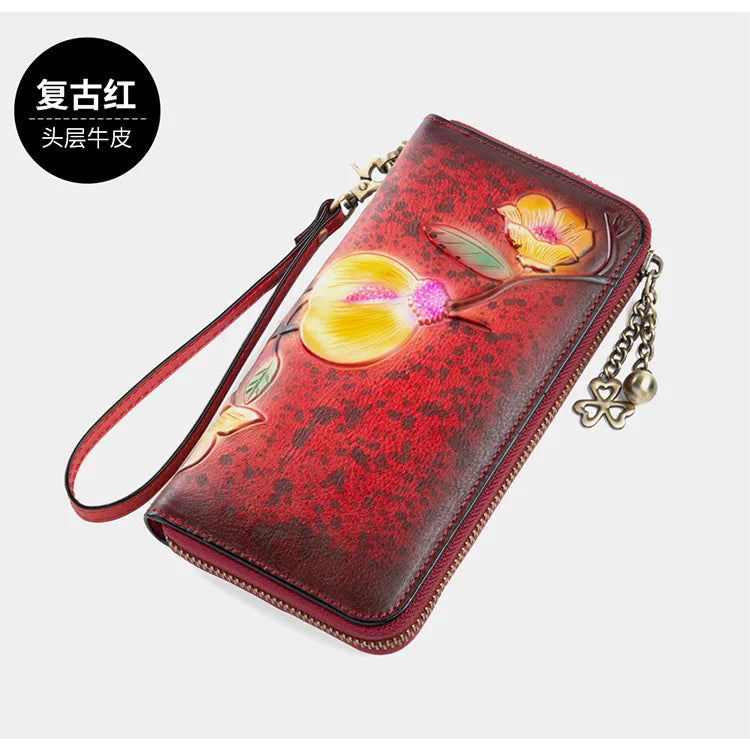 MOTAORA Vintage Genuine Leather Women's Long Wallet | RFID Protected Zipper Purse with Card Holders & Phone Pocket