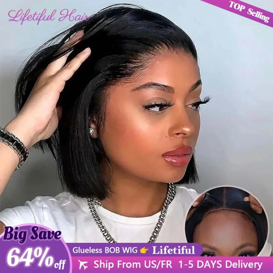 باروكة شعر بوب بدون غراء، شعر بشري، جاهزة للارتداء، شعر مستعار شفاف مستقيم 4×4 بإغلاق دانتيل للنساء، باروكة شعر بشري بدون غراء