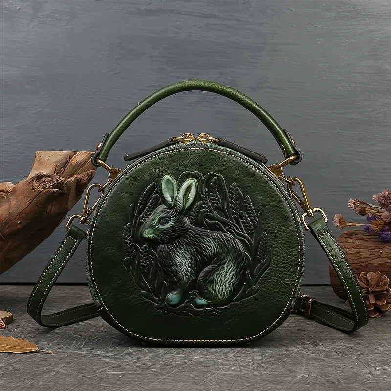 MOTAORA 2025 New Retro Round Women's Genuine Leather Handbags For Ladies Luxury Designer Rabbit Embossed Shoulder Messenger Bags