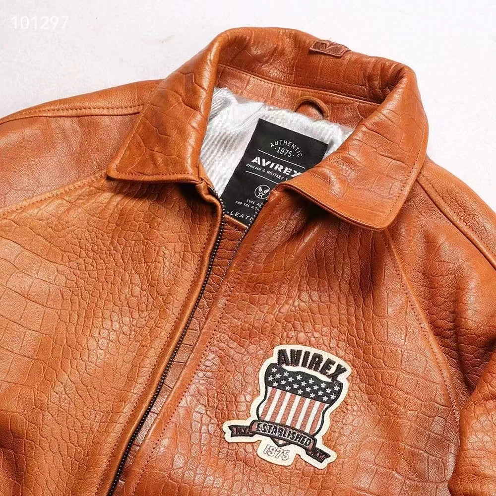 AVIREX new men's genuine leather jacket France 1.5 mm thick sheepskin embroidered crocodile pattern flight suit baseball coat