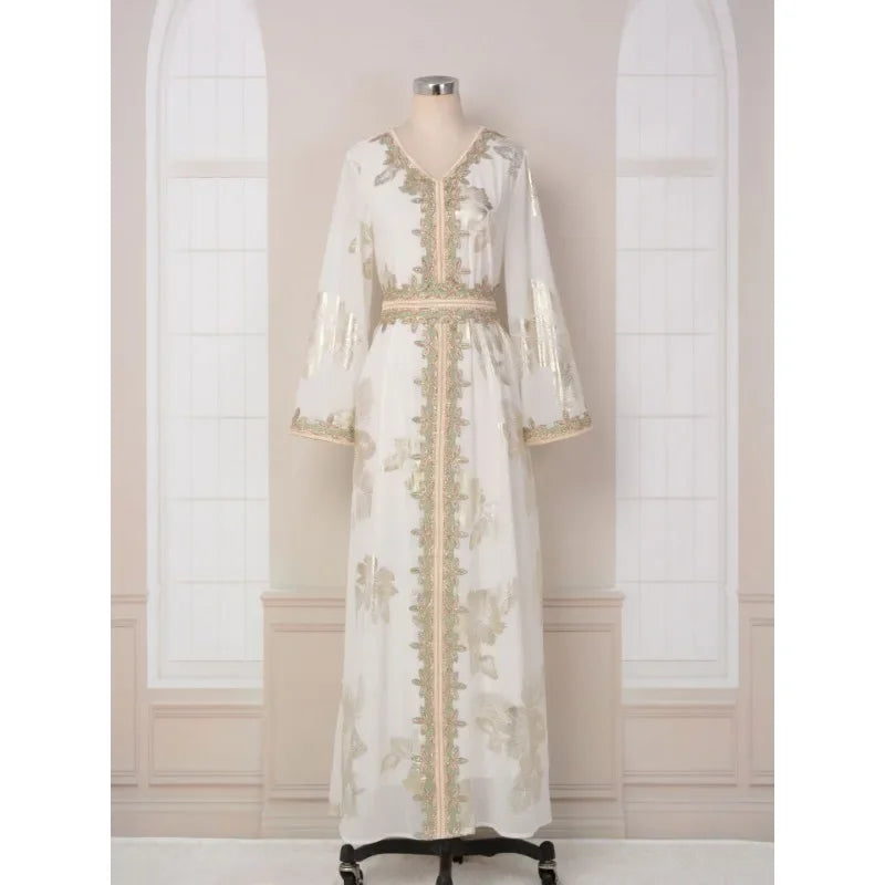 KAF Fashion Women Dress 2025 Spring New V-neck Long-sleeved Printing Hot Stamping Design Loose Large Size Female Party Dresses
