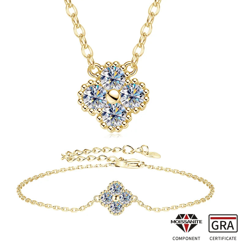 RAPRGOLD GRA Moissanite Four Clover Flower Charm Pendant Necklace Bracelet Set for Women S925 Sterling Silver Fine Jewelry Gifts
