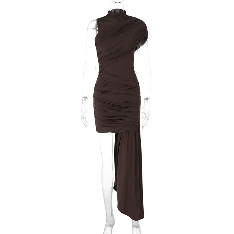 Women's Sleeveless Irregular Draped Ruched Bodycon Party Dress – Elegant Slim Fit, Floor-Length