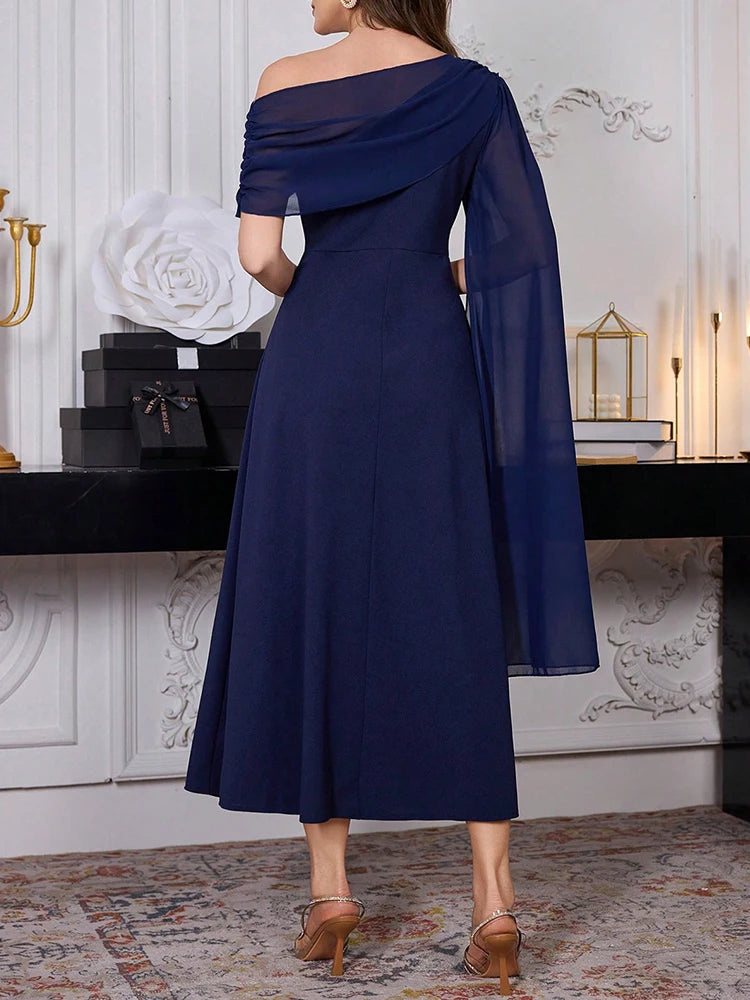 Rafiah Dresses 2025 Woman K-FashionSolid Color Casual Long Monochrome Dress with Asymmetrical Shoulder for Women's Daily Wear