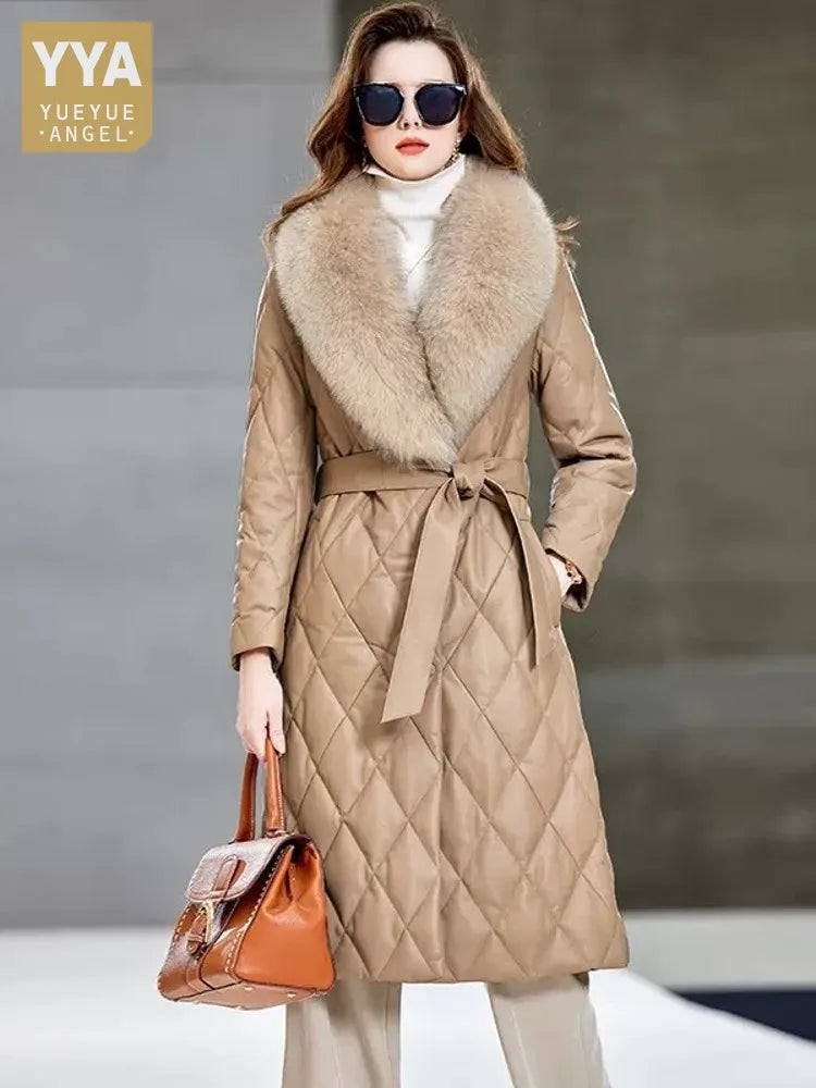 Women Winter Warm Sheepskin Long Down Jacket Belted Fox Fur Collar Elegant Lady Genuine Leather Overcoat Windproof Trench Coat