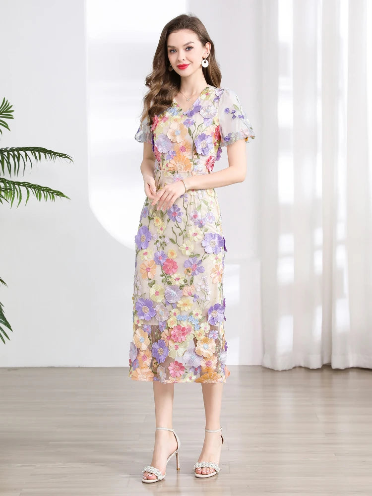 Summer High-end Embroidery Lace Prom Dress Women French Luxury 3D Flower Short Sleeve Long Dress Party Bodycon Holiday Vestido