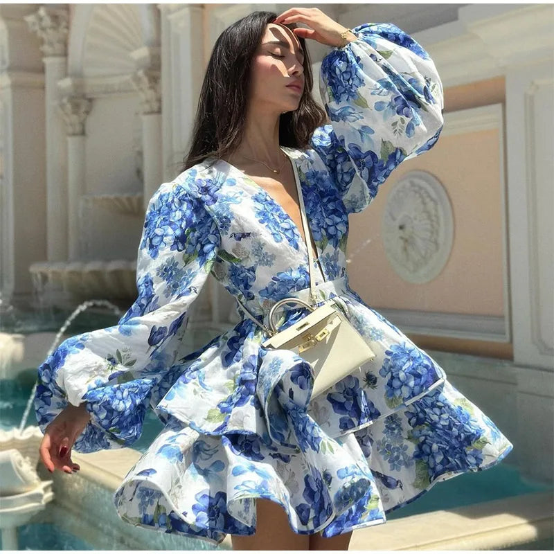 Floral Ruffled Hem Mini Dress – Women’s Deep V-Neck Lantern Sleeve Elegant Party Outfit