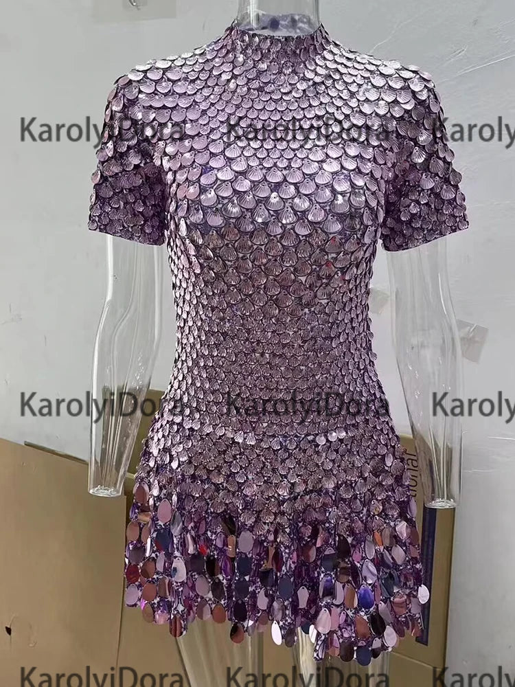 Sexy Black Shell Sequins Mini Dress Nightclub Dance High Quality Performance Clothing Bodysuit Birthday Red Dresses