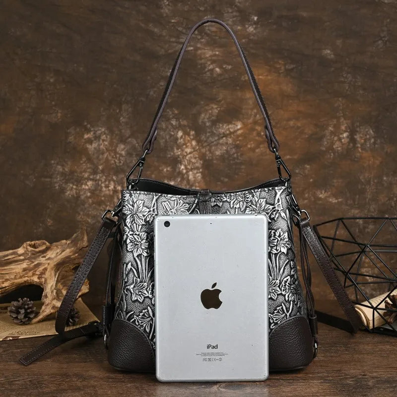 MOTAORA Retro Embossed Genuine Leather Women Shoulder Bucket Bag Luxury Cowhide Handbag Female New Large Capacity Crossbody Bags