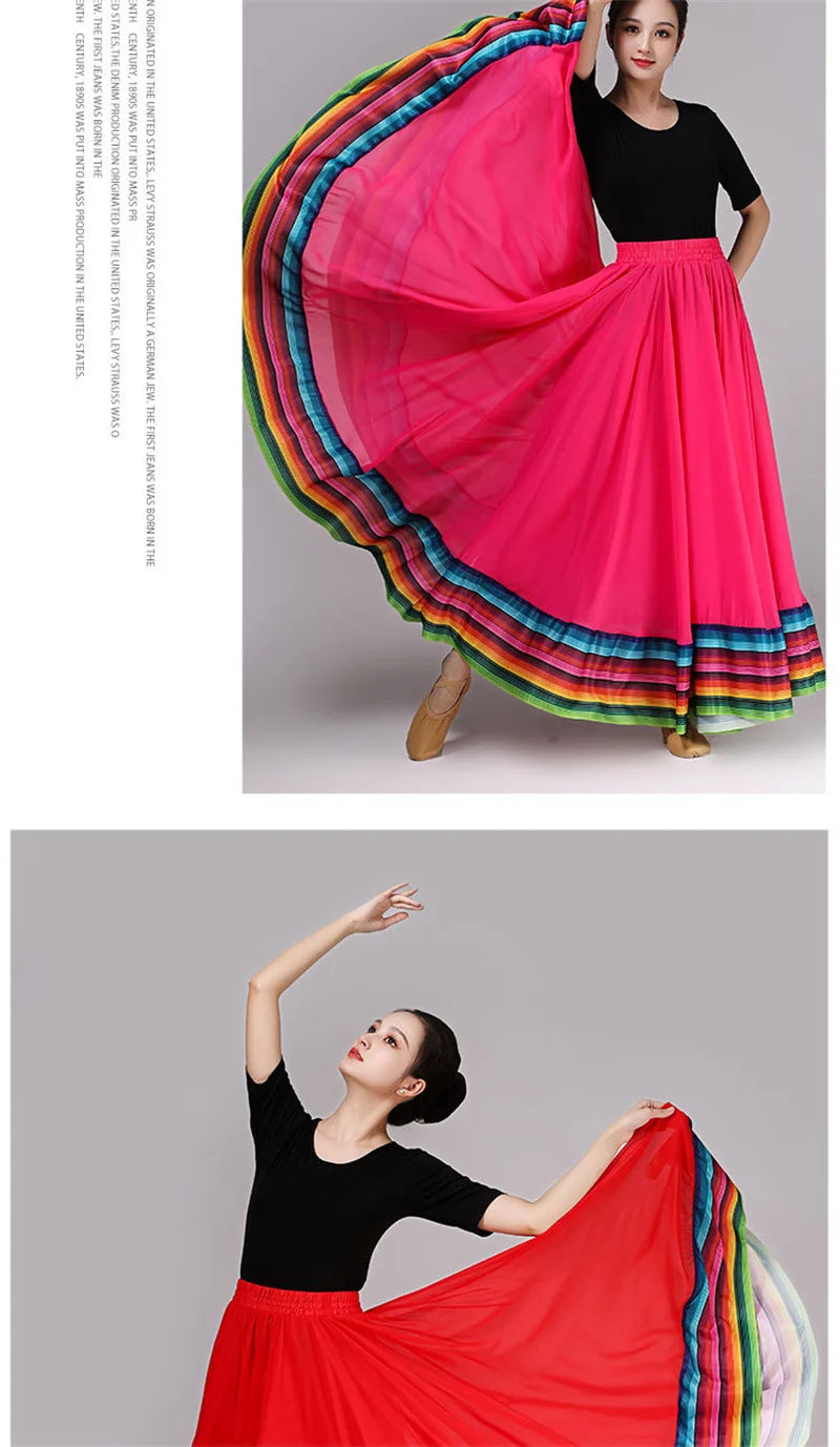 Streetwear Elegant Dance Performance Skirt Women Chiffon Skirts Rainbow-edge Elastic-Waist 720-Degrees Square Danc Maxi Skirts