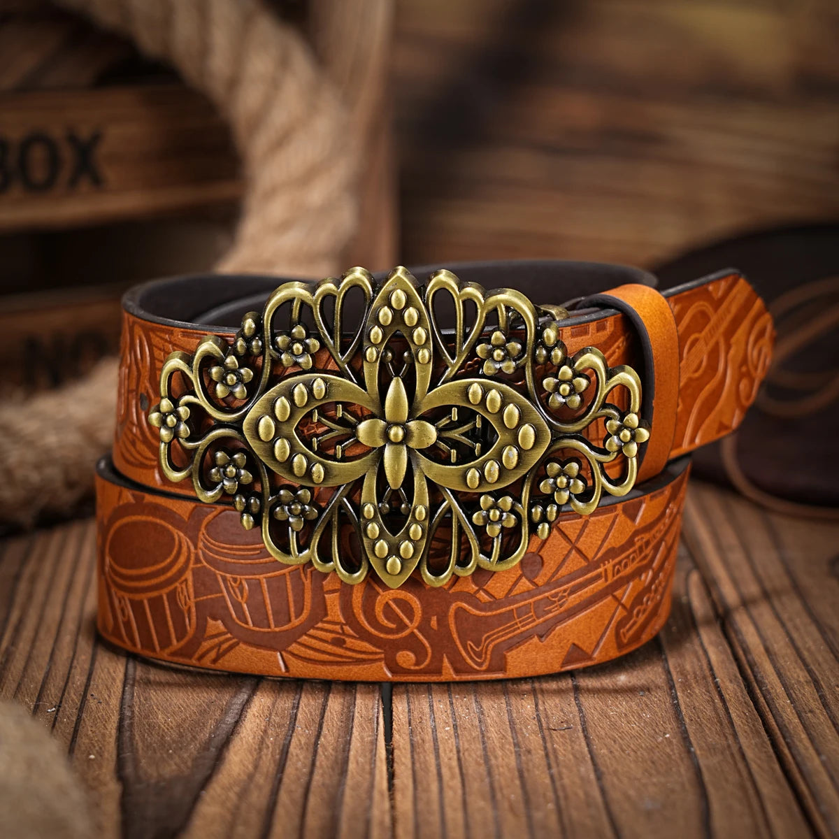 Western denim PU Belt - men's decorative printed carved denim waistband