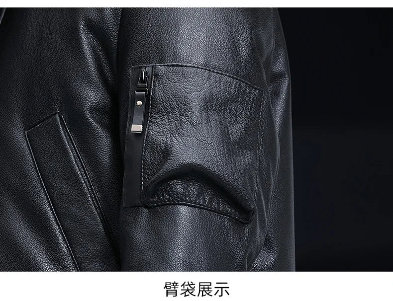 Men's Leather Down Coat, Mid Length, Hooded, Thick Warm Jacket, Large Size Outerwear, Business Male Coat, Winter