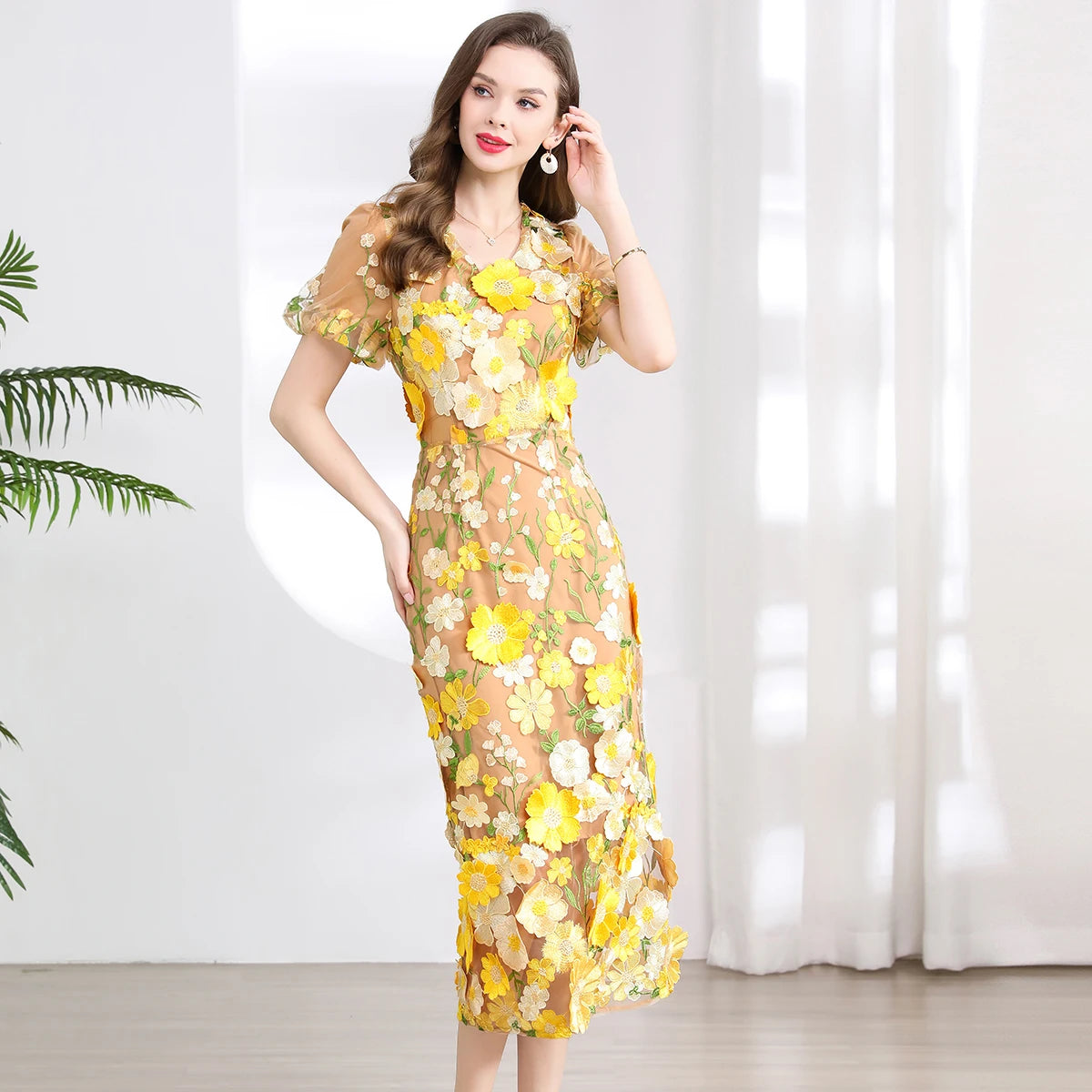 Summer High-end Embroidery Lace Prom Dress Women French Luxury 3D Flower Short Sleeve Long Dress Party Bodycon Holiday Vestido