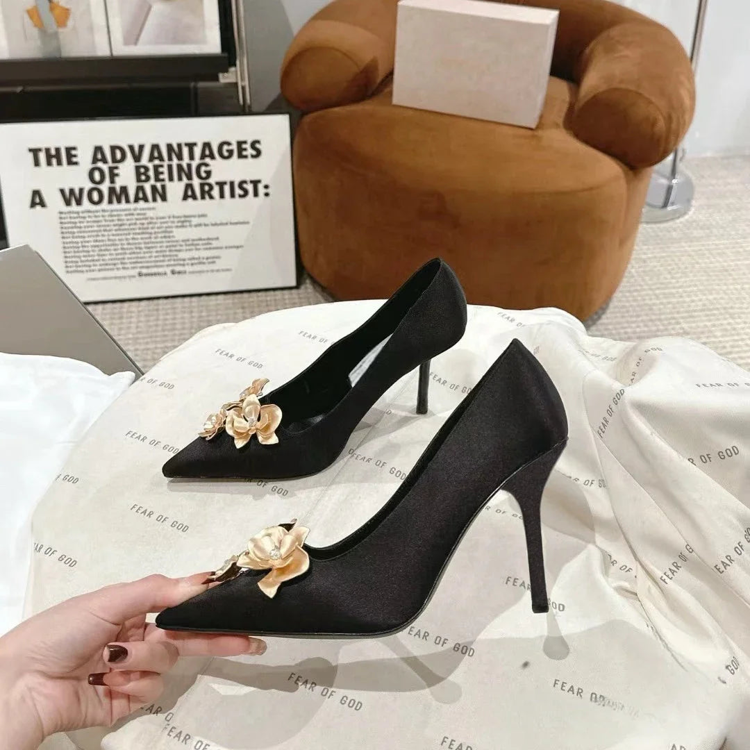 Satin Designer Women Pumps 2025 Sexy Pointed Toe Gold Flower Decoration Thin High Heels Fashion Banquet Dress Mules Shoes