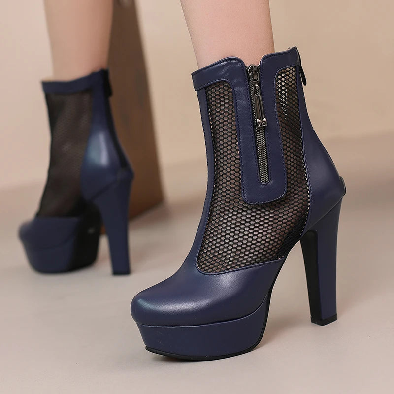 Women’s Summer Ankle Boots – Handmade Mesh + PU Leather – Closed Toe – Platform High Heel – Zip Up – Sizes 4.5–18