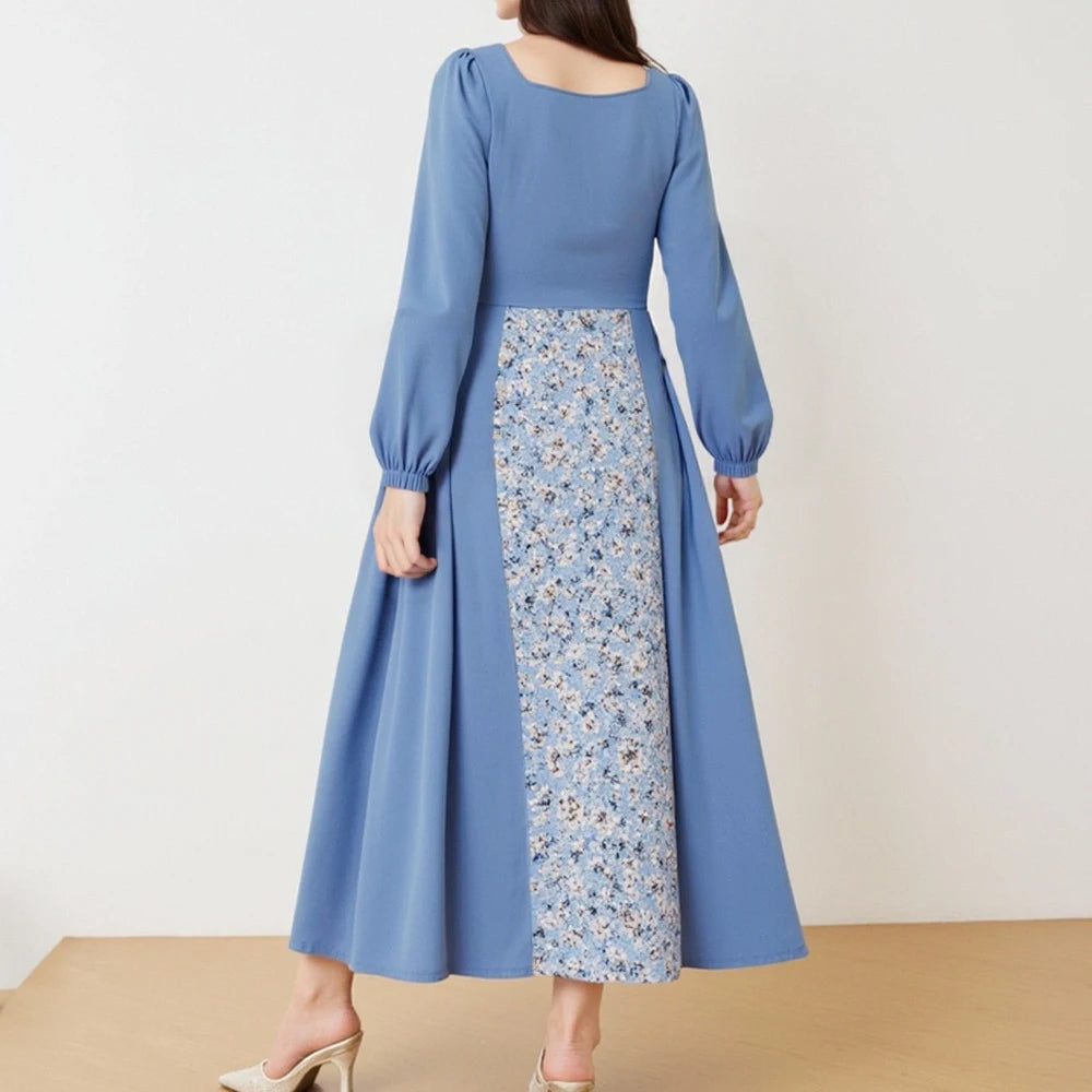 Rafiah Autumn Arabian Long Dress 2025 Fashion Casual Contrast Color Ditsy Floral Long Sleeve A-Line Dress For Women